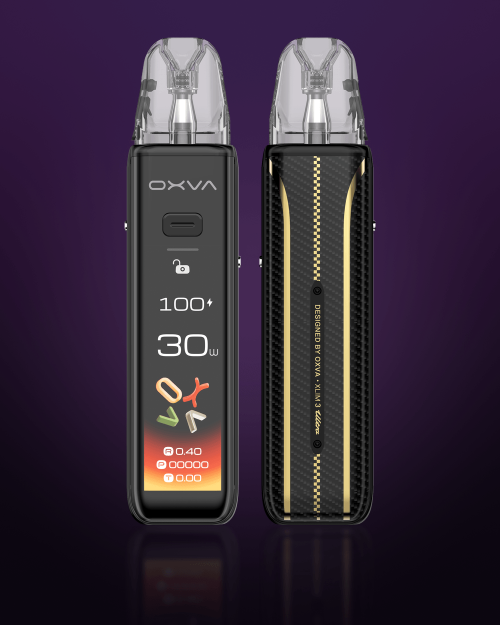 Two OXVA XLIM 3 ULTRA devices in purple, one showing its touch screen